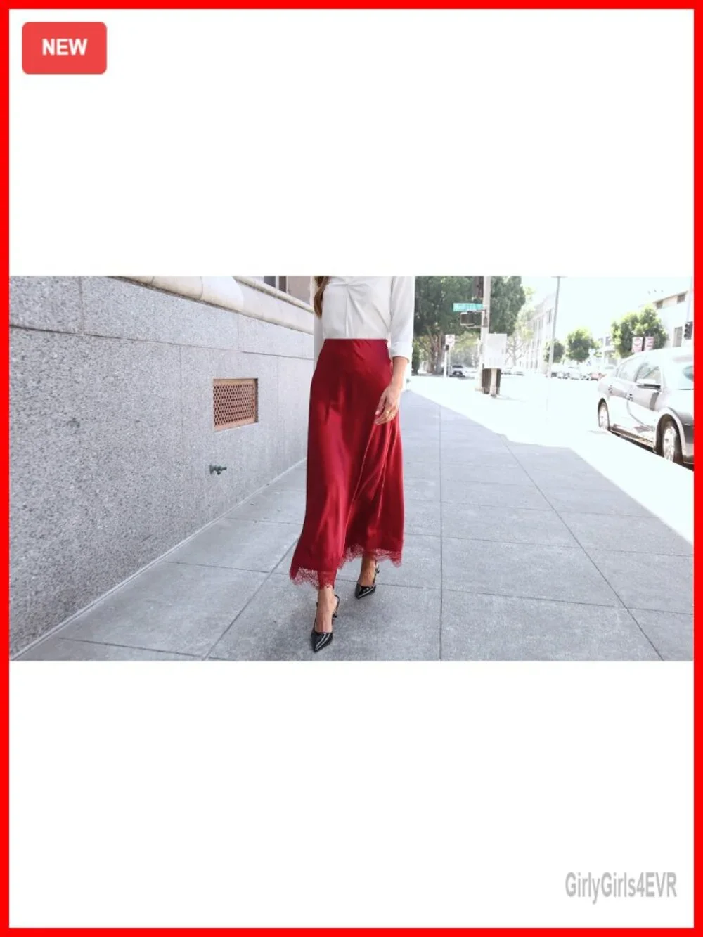 Satin A-Line Maxi Skirt High Waisted Lace Trim Ankle Length